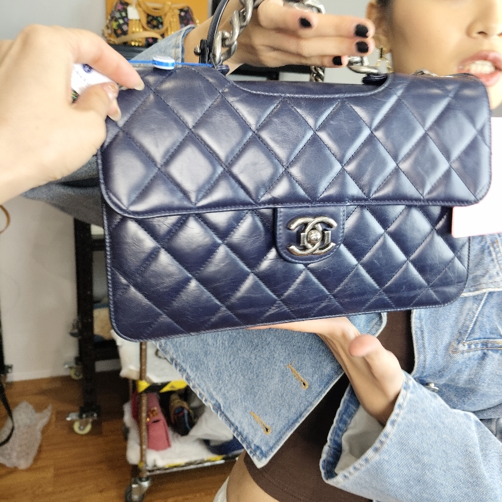 CHANEL Quilted Lambskin Shoulder Top Handle Bag in Navy Blue 3700